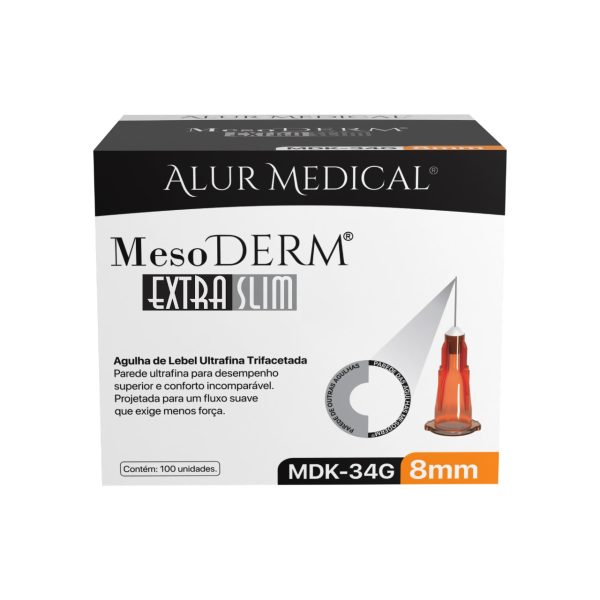 AGULHA ULTRAFINA MESODERM SLIM, ALUR 8mm 34G CX, Anvisa: 81676079014 - Lote: MDK01A23, Val: 11/28