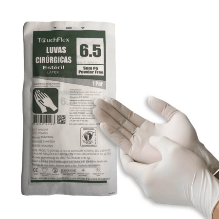 LUVA CIRURGICA LATEX S/PÓ, TOUCHFLEX, TAM: 6.5, Anvisa: 10150470373 - Lote: YY24025, Val: 06/29
