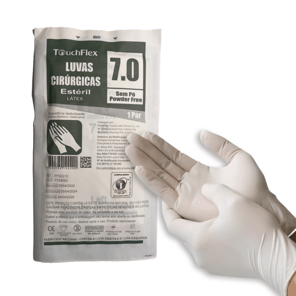 LUVA CIRURGICA LATEX S/PÓ, TOUCHFLEX, TAM: 7.0, Anvisa: 10150470373 - Lote: YY24020, Val: 04/29