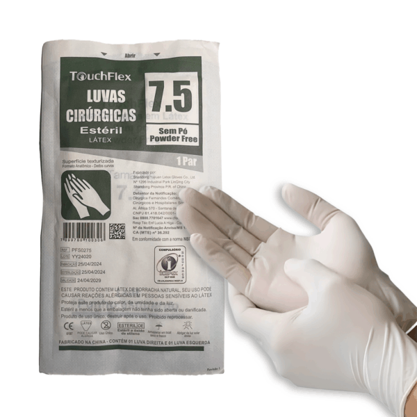LUVA CIRURGICA LATEX S/PÓ, TOUCHFLEX, TAM: 7.5, Anvisa: 10150470373 - Lote: YY24020, Val: 04/29