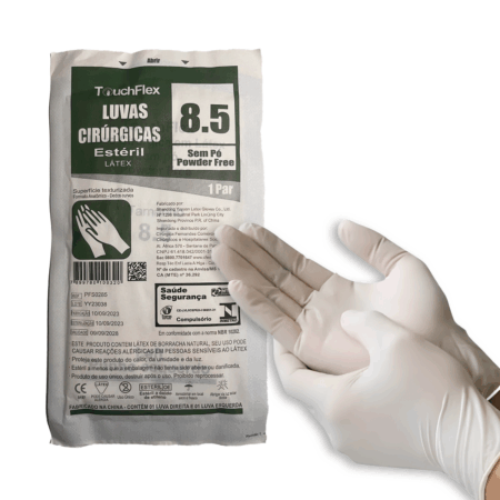 LUVA CIRURGICA LATEX S/PÓ, TOUCHFLEX, TAM: 8.5, Anvisa: 10150470373 - Lote: YY23038, Val: 09/28