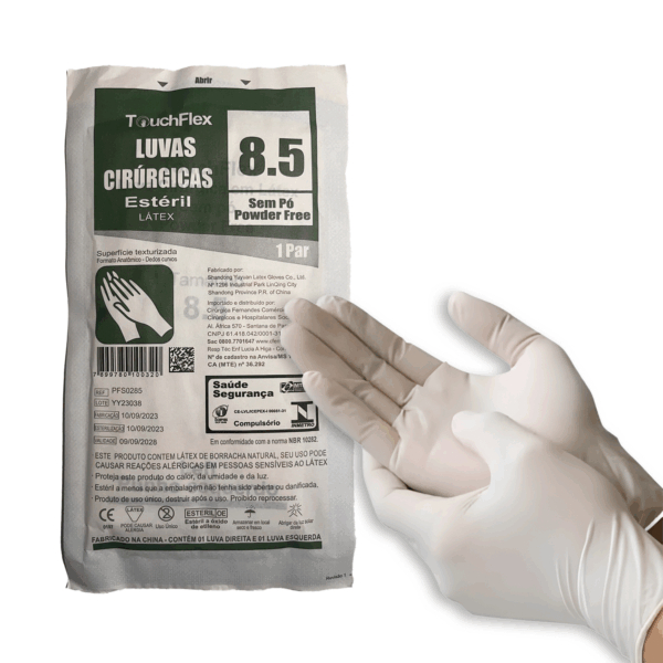 LUVA CIRURGICA LATEX S/PÓ, TOUCHFLEX, TAM: 8.5, Anvisa: 10150470373 - Lote: YY23038, Val: 09/28